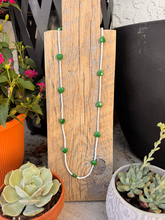 Green Jade Heart and shell bead layer necklace (32 inches)