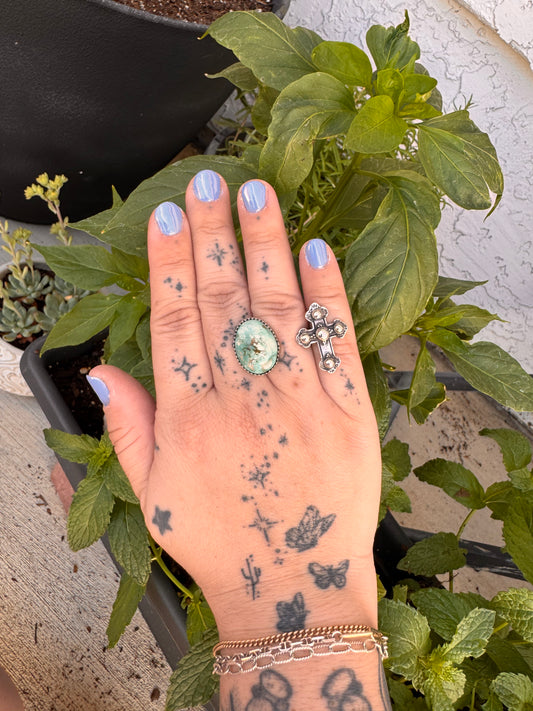 Studded Cross and Turquoise ring(Adjustable Ring 6 and up sizes)
