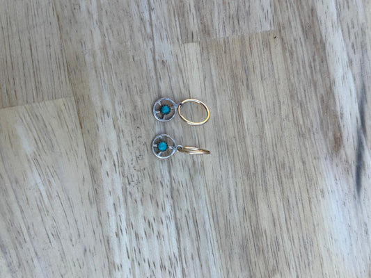 Turquoise Peace, Silver and Gold Hoops