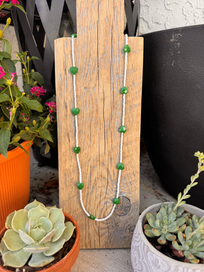 Green Jade Heart and shell bead layer necklace (32 inches)