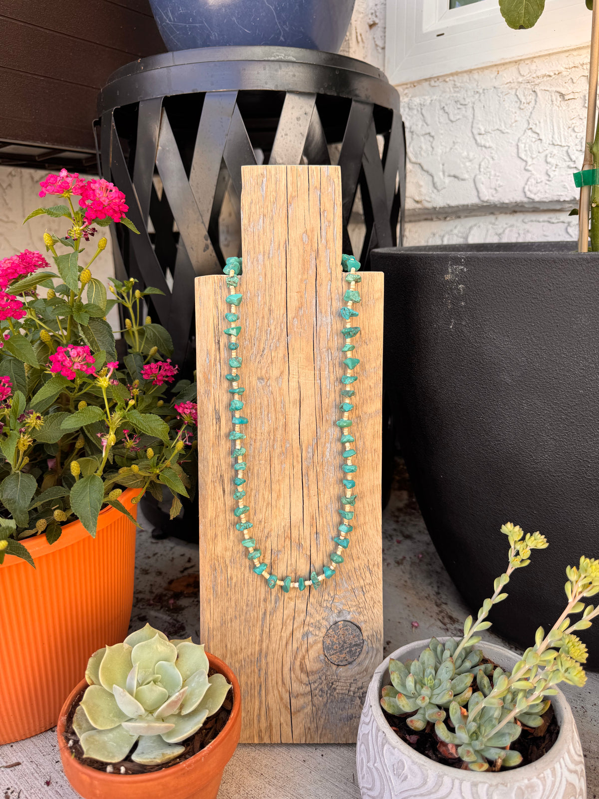 Rough cut turquoise stones with shell beads (26 inches)
